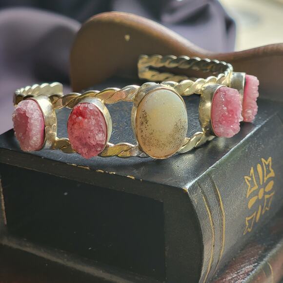 Sterling Silver Pink Druzy and Jasper Cuff Bracelet Handmade - Picture 2 of 6